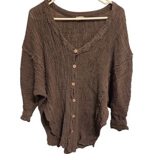 Ultimately Free Free People Linen/Cotton Blend Frayed Olive Green Buttonup xl/1x